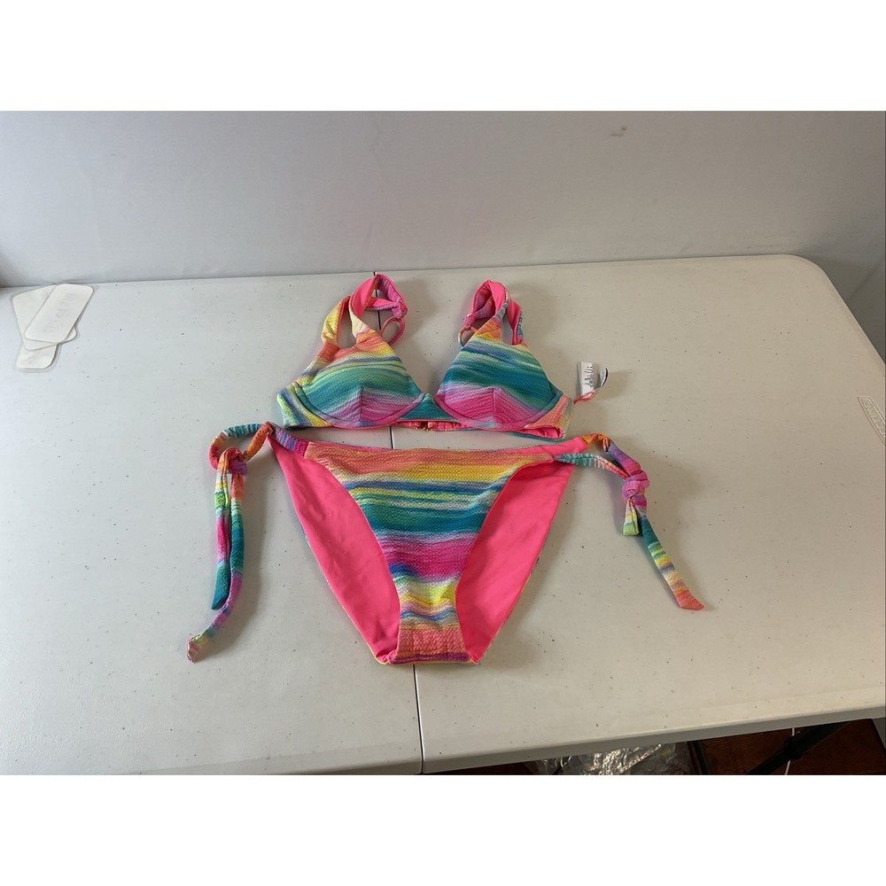 New BECCA Verano Virtue Bikini Set Dahlia Tie Rainbow Beach Sz S Top, L Bottom
